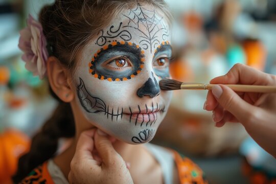 a person is getting a face paint decorated with an image of the cat skull