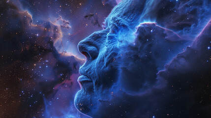 A ghostly blue profile of the Witch Head Nebula set against the cosmos. Wallpaper. Copy space.