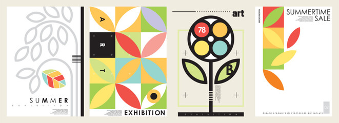 Abstract summer banners and posters collection with floral and geometric design elements. Seasonal exhibition covers and flyers. Vector illustration.