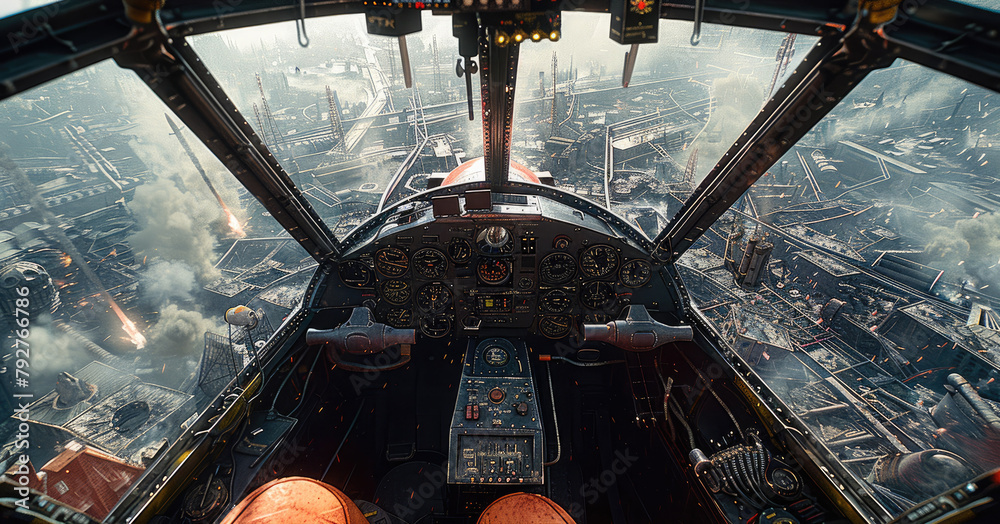 Poster inside of fighter plane, flying over post-apocalyptic ruins, flying in middle altitude. generative a