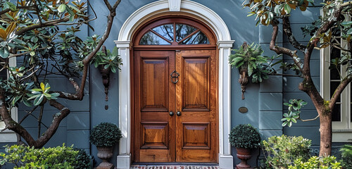 A traditional wooden door with a transom window, adding classic charm to the entrance of a colonial-style home - obrazy, fototapety, plakaty