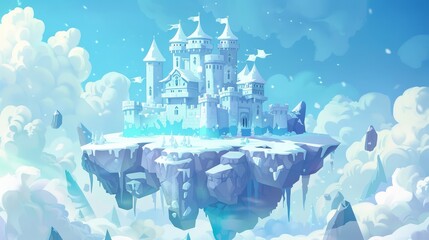 Floating rock island path in enchanted sky air with no one. Beautiful white fantasy ice palace in winter cartoon background.