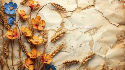 Obraz premium Autumn Harvest Theme with Wheat and Dried Flowers, An artistic autumnal arrangement featuring wheat stalks and colorful dried flowers on a soft, illuminated parchment background.