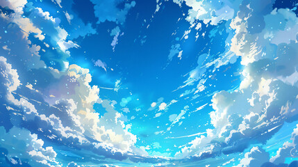 The evening sky is bright blue white clouds float 