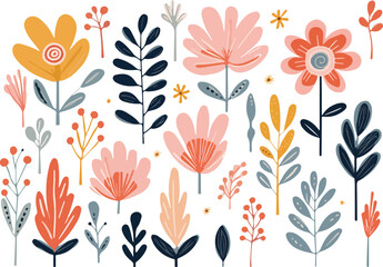 Seamless pattern with flowers, leaves and plants. Vector illustration.