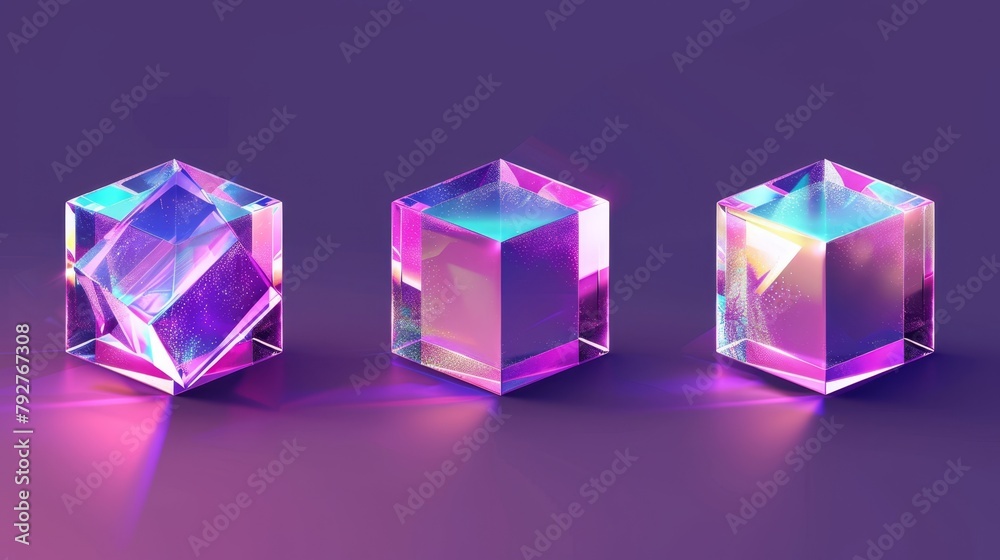 Poster realistic geometric translucent block shape set with purple hologram refraction on different views. 