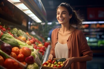 A happy young woman with a basket of fresh vegetables in the supermarket. 
