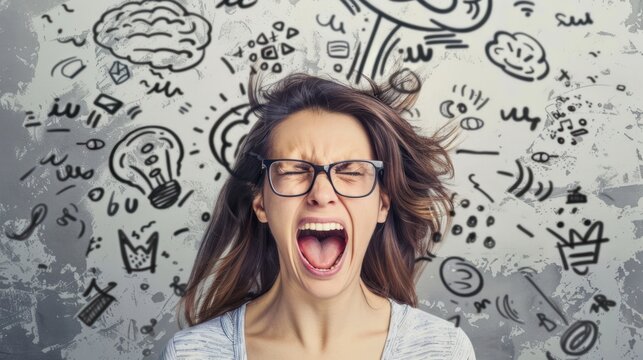 young woman in glasses is very angry and shouting,Emotions in action, holding her head and shouting,