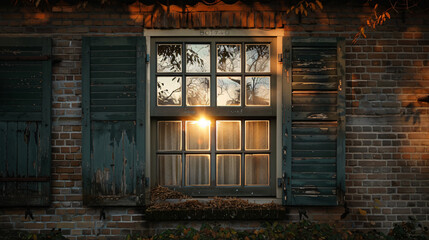 The facade of an old house with reflection of the sun