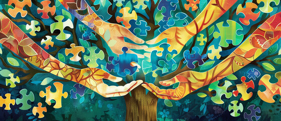 colorful puzzle tree with many hands holding puzzle pieces - obrazy, fototapety, plakaty