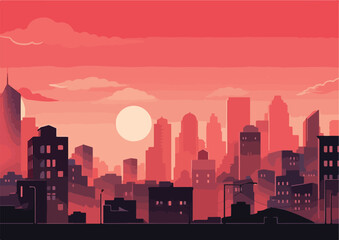 Obraz premium Cityscape at sunset with skyscrapers. Vector illustration in flat style
