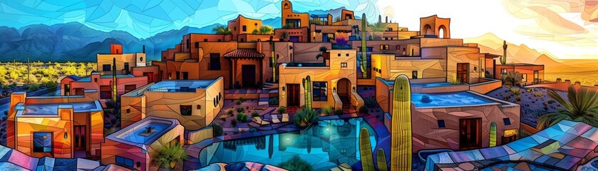 Oasis Harmony in Desert Dusk background, As dusk settles, a tranquil oasis emerges with vibrant earthen buildings reflecting off the water, set against the backdrop of majestic desert mountains
