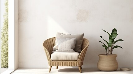 Simple living room interior with wicker armchair and natural shadow on wall from window.