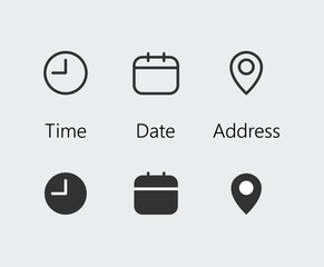 Time, date, address, location icon set. Clock, calendar, reminder, position symbols. Sign business easily editable vector design.