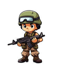 Chibi-style illustration of a young, confident soldier in combat gear with goggles and a helmet, holding a submachine gun. Generative AI