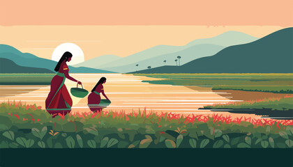 Vector illustration of a woman walking on the bank of the river.