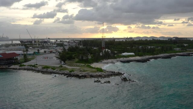 Aerial view of Freeport Bahamas port at sunrise