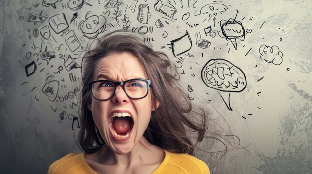 young woman in glasses is very angry and shouting,Emotions in action, holding her head and shouting,