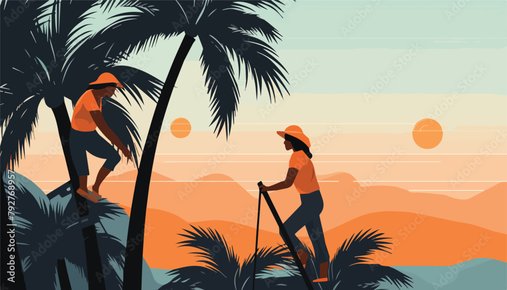 Wall mural vector illustration of a woman working on a palm tree in the morning