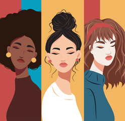  Vector banner, beautiful stylish women girls, different skin colors, culture, standing together, female power. Vector concept of movement for gender equality and women's empowerment