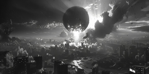 A destroy city on earth black at night with dark view of moon on the sky .