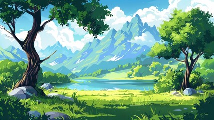 A landscape of a forest landscape with a lake and mountain modern. Tree near pond water and grass hill in summer valley. A serene alps meadow panorama background design.
