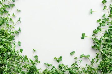 Frame of Microgreens top view on white background with Copy space. Flat lay on Green sprouts of plants or herbs for healthy food diet banner with empty place for text. Spring edible leaves for salads