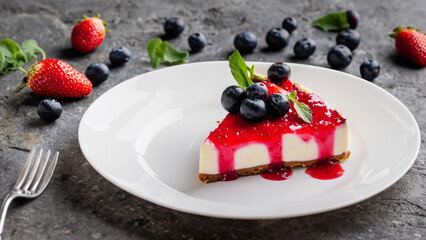 summer berry cheesecake on white plate on old stone table. Generative AI