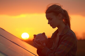A woman holds a piggybank up, contemplating savings or investment against the backdrop of a vivid sunset