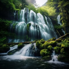 A beautiful waterfall in a lush green forest. The water is crystal clear and the sun is shining through the trees.