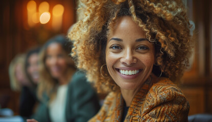 portrait of a beautiful smiling african american woman sitting in a meeting