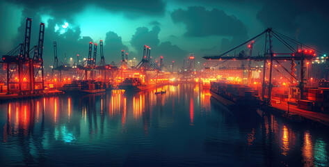 Industrial port at night, neon glow, vibrant reflections, illuminated cranes, city skyline backdrop. Generative AI.