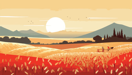 Wheat field landscape at sunset. Vector illustration in flat style.
