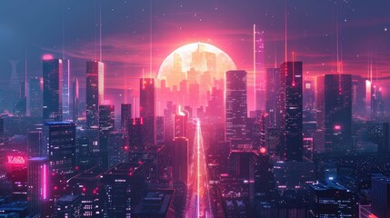 A large moon hangs over a city. The moon is pink and the city is blue and purple. The city is full of skyscrapers and there are lights everywhere.