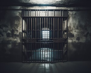 A dark prison cell with a barred door.