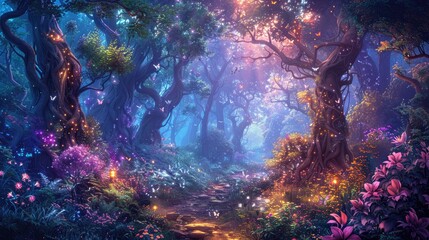 A magical forest with a glowing path leading through it. There are flowers and butterflies everywhere, and the trees are tall and majestic.