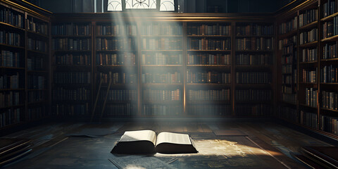 Dim library illuminated by an ancient Bible evoking profound wisdom , Opened book and stacks of old books on wooden desk in old library.
