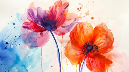 Contemporary panel wall art with a marble base enhanced with watercolor floral strokes and vibrant color splashes - obrazy, fototapety, plakaty