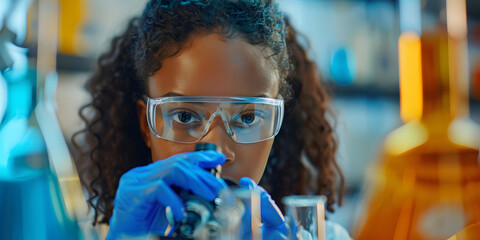 Close-up black woman student at the microscope