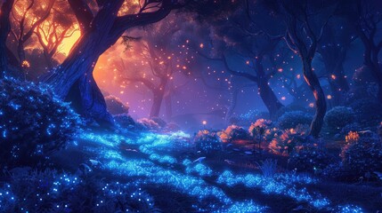 A mystical forest with glowing blue flowers and a bright orange sky