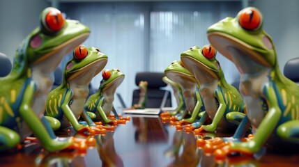 A team of frogs collaborating on a project, sitting together on a wooden table - Powered by Adobe