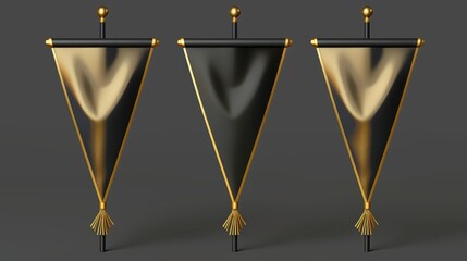 The modern mockup is made up of 3d black and gold vertical pennant flag moderns. Gold realistic needlework for pennons on poles. Isolated heraldic symbol on a stand. Various glossy satin triangle - obrazy, fototapety, plakaty