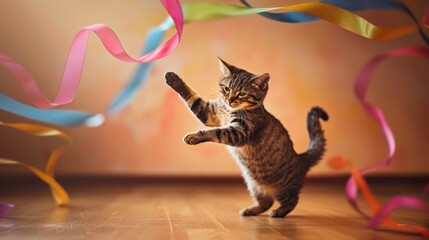 A cat energetically playing with a vivid streamer of streamers in a well-lit room, showcasing its agility and curiosity