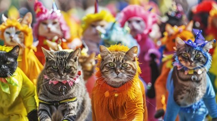 Multiple cats dressed in colorful costumes, parading in a group