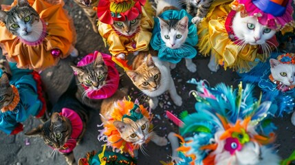 Fototapeta na wymiar A group of cats dressed in various colorful costumes marching in a parade