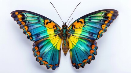 Vibrant Colored Butterfly Specimen on White, Close-up of a colorful butterfly specimen with wings spread, showcasing a spectrum of vibrant blues, yellows, and oranges on a white background.