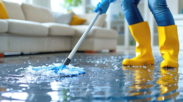 Cleaning the house after a water pipe broke and flooded the apartment. The upstairs neighbors flooded the apartment.