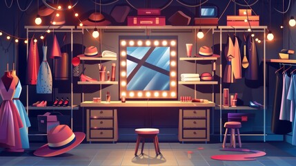 Illustration of a backstage dressing room, a makeup mirror with light bulbs, cosmetics and costumes on a table, a wig on a mannequin, and a movie screen.