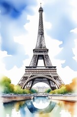 Obraz premium Eiffel Tower, watercolor vertical illustration of famous Paris sight. France capital, travelling.