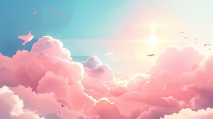 Modern cartoon illustration of a beautiful heavenly cloudscape with birds flying high, a cloudy summer day, sunrise or sunset design.